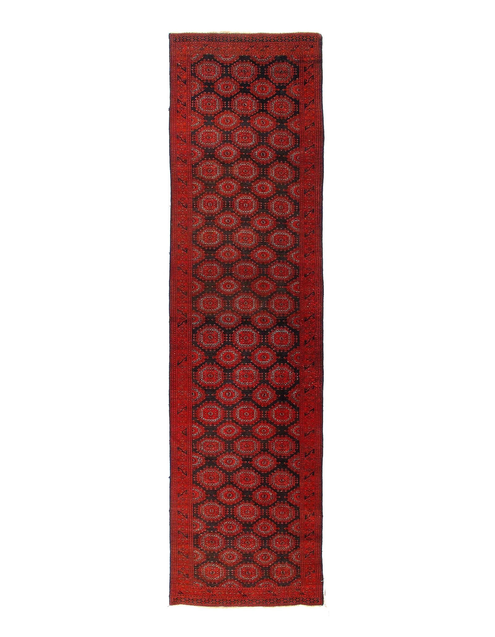 Afghan Bashir Red Hand Knotted Runner 3'X 11'5": Afghan Bashir Red Hand Knotted Runner 3'X 11'5" - circa 2000, Beshir, Hand-Knotted, Lamb's Wool, 300 -D14998- 862.This item is part of our fine auction collection which includes many fine home accesso
