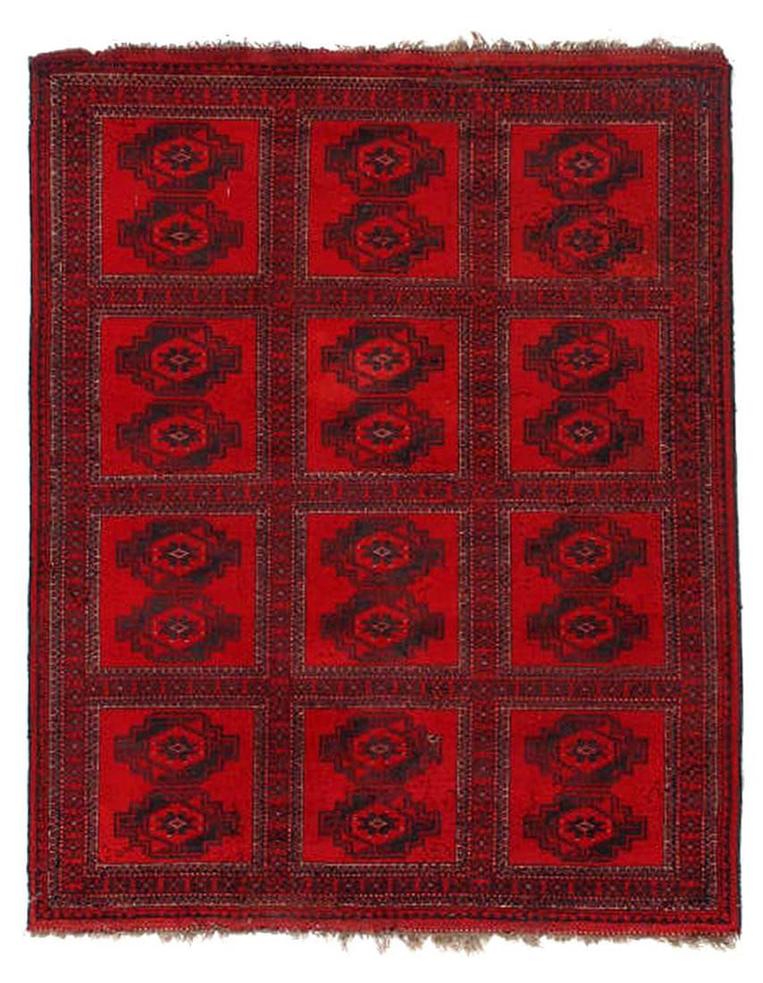 Afghan Bashir Red Hand Knotted Rug 5'X6'3": Afghan Bashir Red Hand Knotted Rug 5'X6'3" - CIRCA 1940, Afghan, Hand-Knotted, Lamb's Wool, 300 -D14610- 862.This item is part of our fine auction collection which includes many fine home accessories 