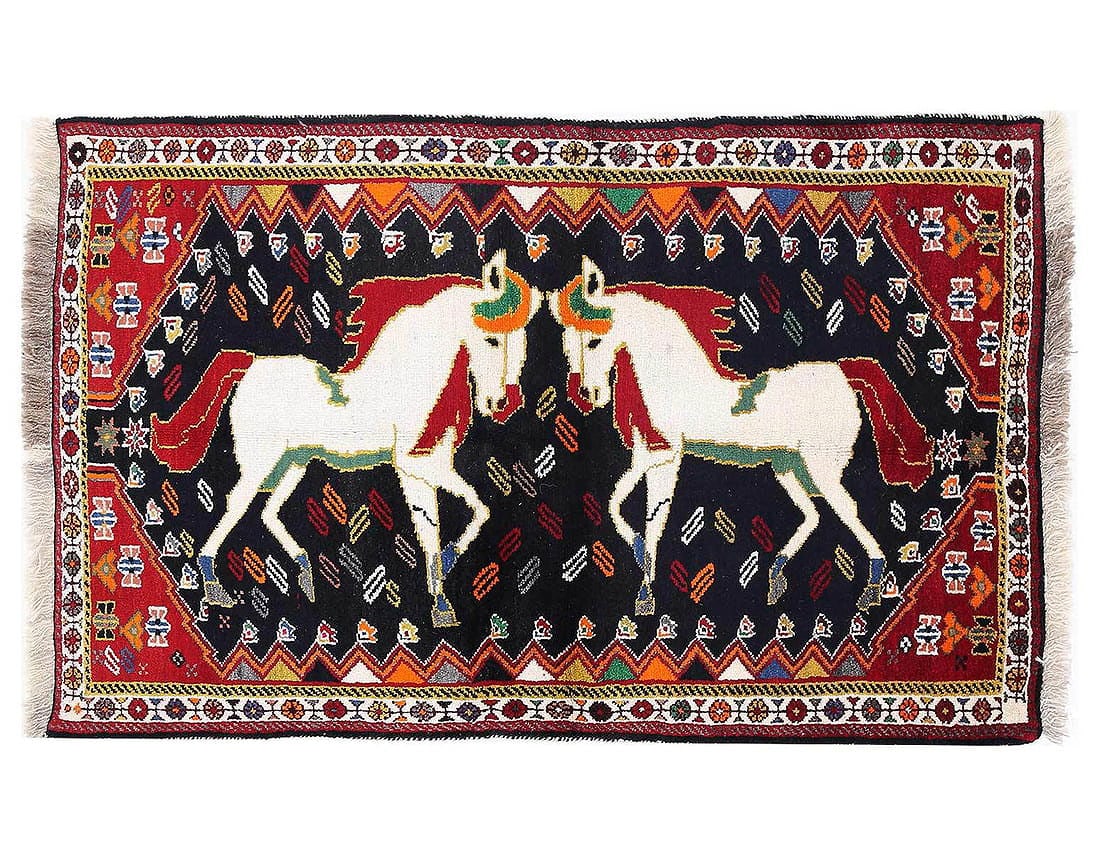 Fine Hand knotted Persian Shiraz Horse Design rug 3'3"X 5'5": Fine Hand knotted Persian Shiraz Horse Design rug 3'3"X 5'5" - NEW, Shiraz, Hand-Knotted, Lamb's Wool, 300 -D13633- 862.This item is part of our fine auction collection which includes many fine home a
