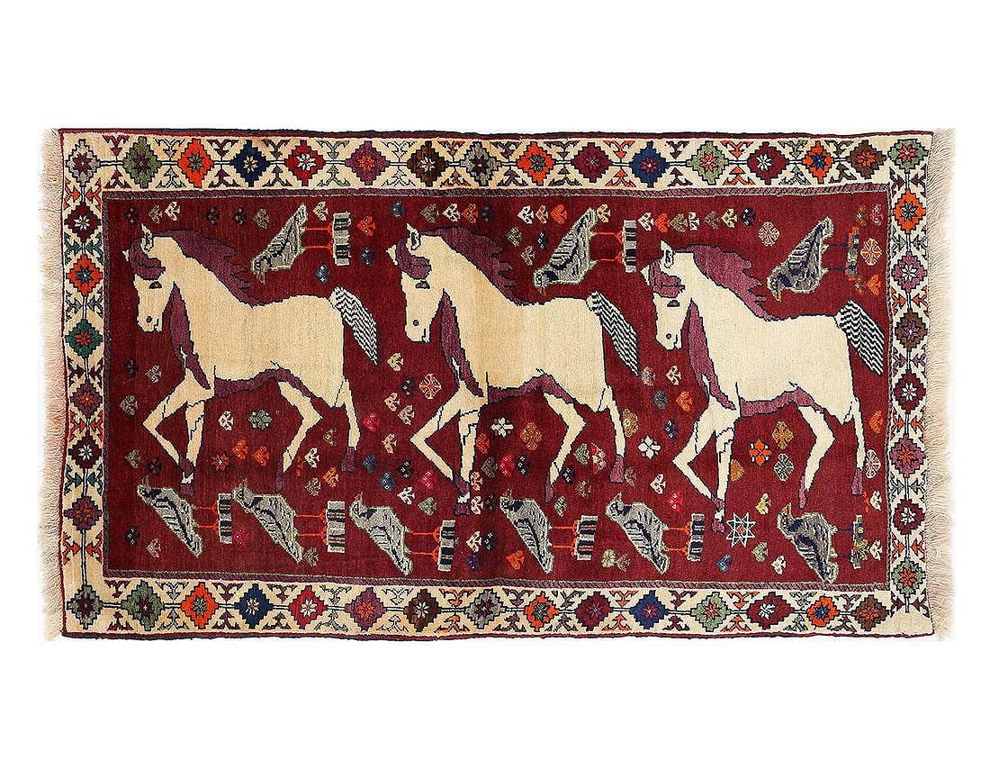 Fine Hand knotted Persian Shiraz Horse Design rug 4'X 7': Fine Hand knotted Persian Shiraz Horse Design rug 4'X 7' - NEW, Shiraz, Hand-Knotted, Lamb's Wool, 300 -D13642- 862.This item is part of our fine auction collection which includes many fine home acces
