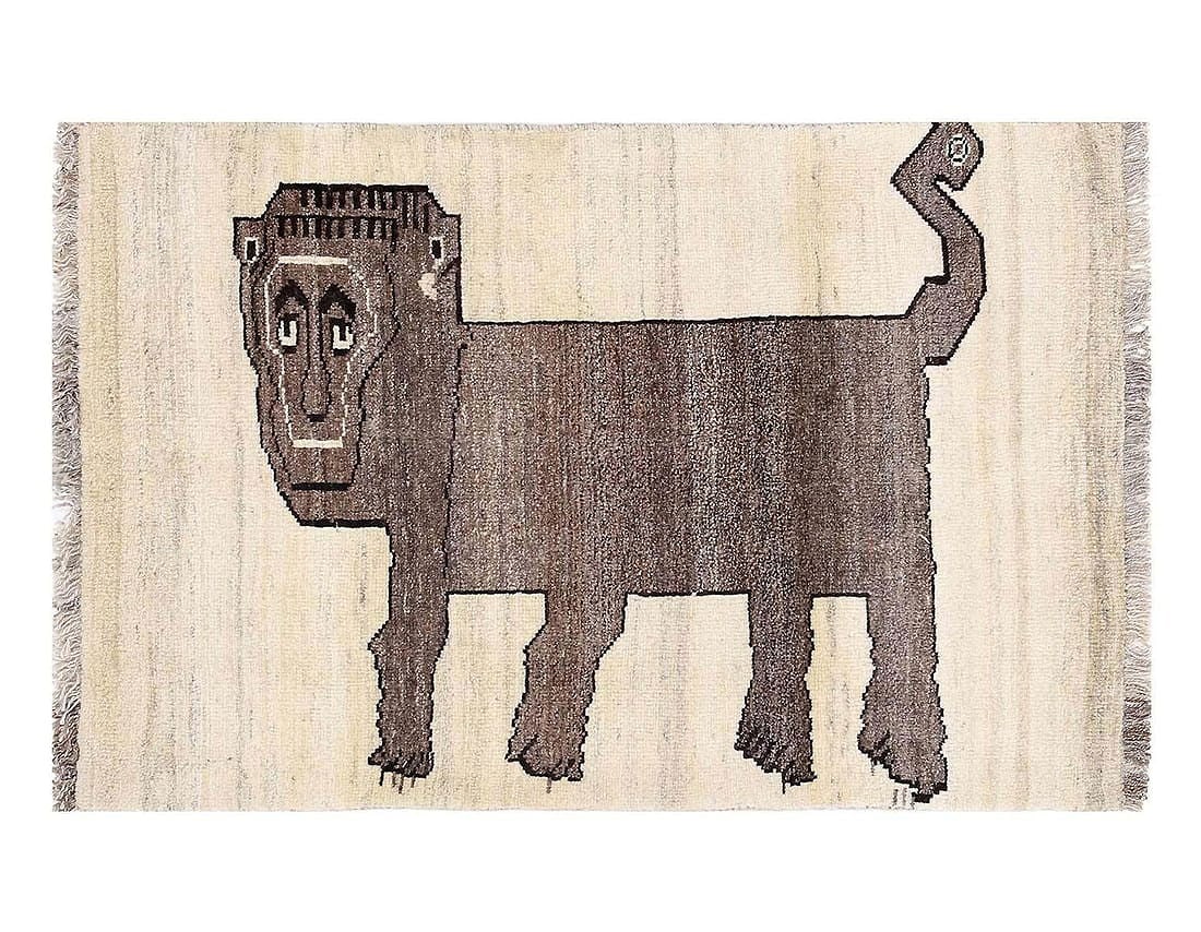 Handmade Persian Gabbeh Pictorial Lion Accent 2'7"X 4'2": Handmade Persian Gabbeh Pictorial Lion Accent 2'7"X 4'2" - NEW, Shiraz, Hand-Knotted, Lamb's Wool, 300 -D13832- 862.This item is part of our fine auction collection which includes many fine home acces
