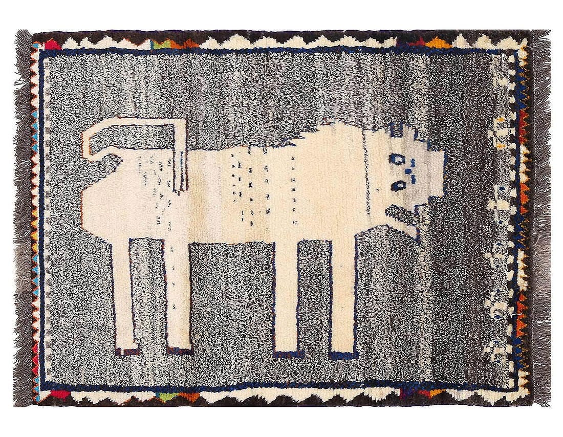 Handmade Persian Gabbeh Pictorial Lion Accent 3'4"X 4'7": Handmade Persian Gabbeh Pictorial Lion Accent 3'4"X 4'7" - NEW, Shiraz, Hand-Knotted, Lamb's Wool, 300 -D13836- 862.This item is part of our fine auction collection which includes many fine home acces
