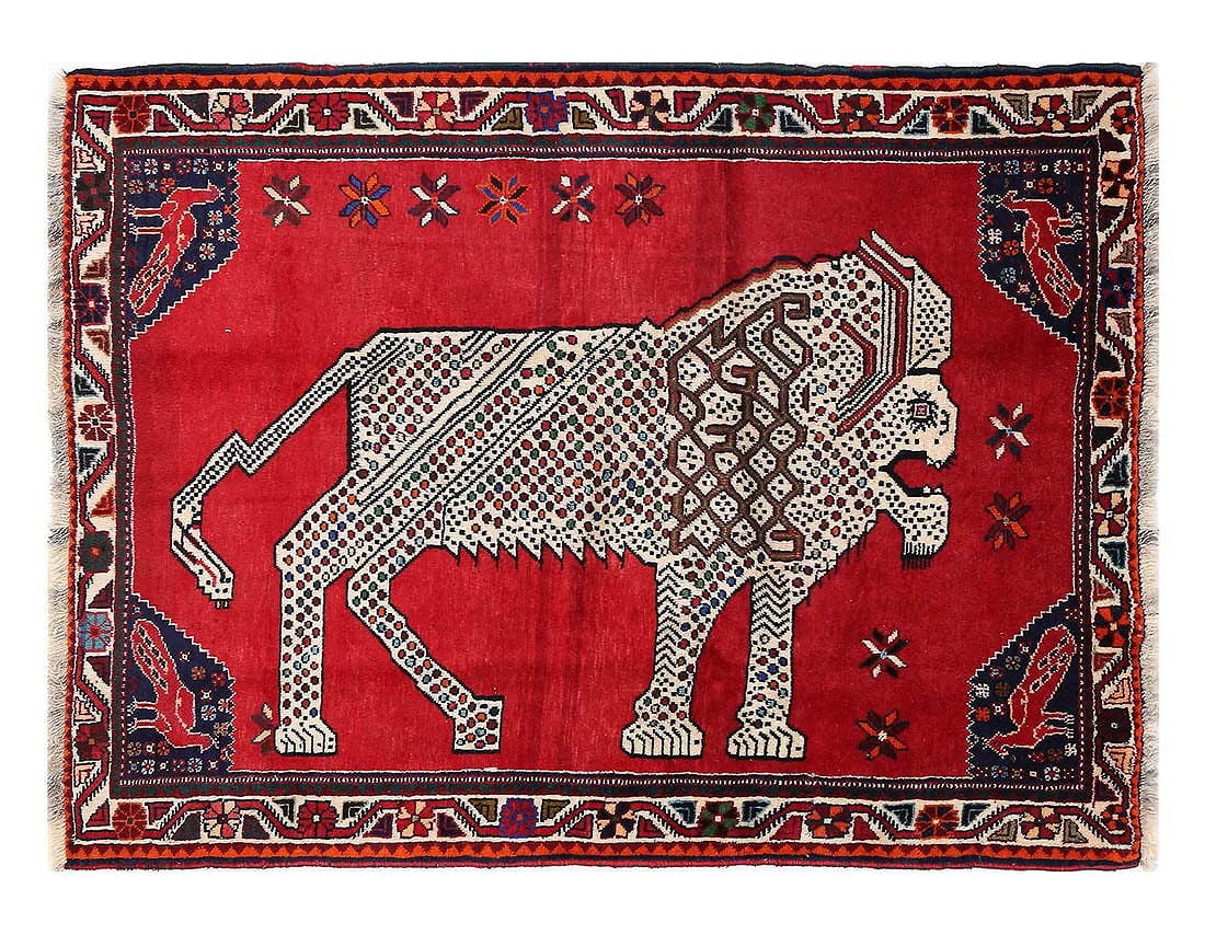 Handmade Persian Gabbeh Pictorial Lion Accent 4'X 5'4': Handmade Persian Gabbeh Pictorial Lion Accent 4'X 5'4' - NEW, Shiraz, Hand-Knotted, Lamb's Wool, 300 -D13837- 862.This item is part of our fine auction collection which includes many fine home accesso
