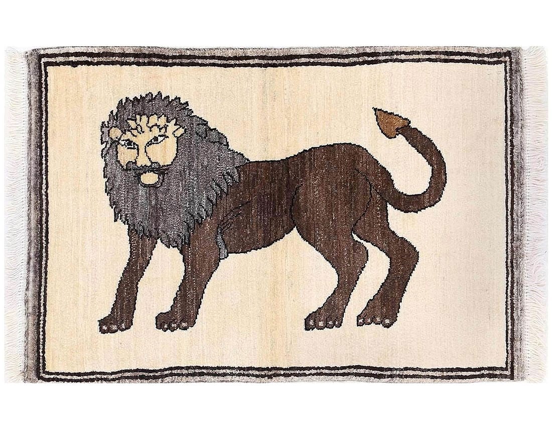 Handmade Persian Gabbeh Pictorial Lion Accent 2'2" X 3'2": Handmade Persian Gabbeh Pictorial Lion Accent 2'2" X 3'2" - NEW, Shiraz, Hand-Knotted, Lamb's Wool, 300 -D13779- 862.This item is part of our fine auction collection which includes many fine home acce