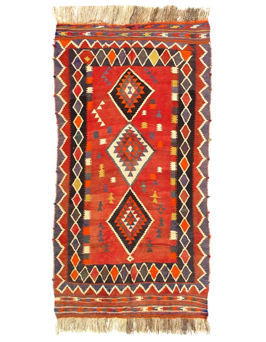 Red Vintage Persian Reversible Kilim Flat Weave 4'8'' X 8'2'': Red Vintage Persian Reversible Kilim Flat Weave 4'8'' X 8'2'' - 1980, Shiraz, Flatweave, Flat Weave, 300 -14313- 862.This item is part of our fine auction collection which includes many fine home acce