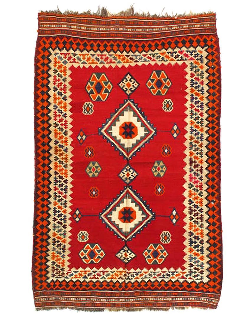 Red Vintage Persian Reversible Kilim Flat Weave 4'11'' X 7'4'': Red Vintage Persian Reversible Kilim Flat Weave 4'11'' X 7'4'' - Circa 1980, Shiraz, Flatweave, Flat Weave, 300 -16385- 862.This item is part of our fine auction collection which includes many fine ho