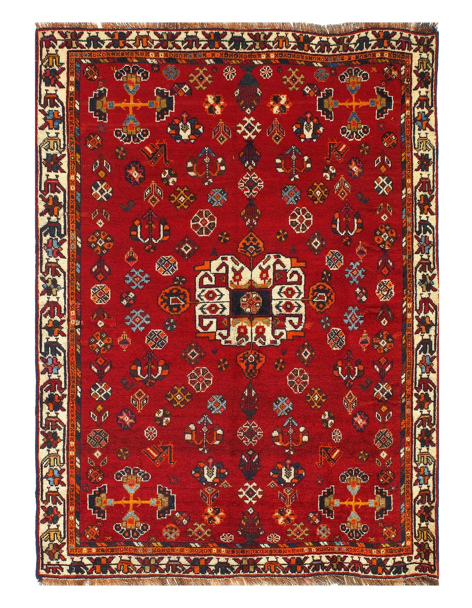 Vintage Red Persian Hand Knotted Shiraz Rug 3'11'' X 5'1'': Vintage Red Persian Hand Knotted Shiraz Rug 3'11'' X 5'1'' - , Shiraz, Hand-Knotted, Lamb's Wool, 300 -17610- 862.This item is part of our fine auction collection which includes many fine home accesso