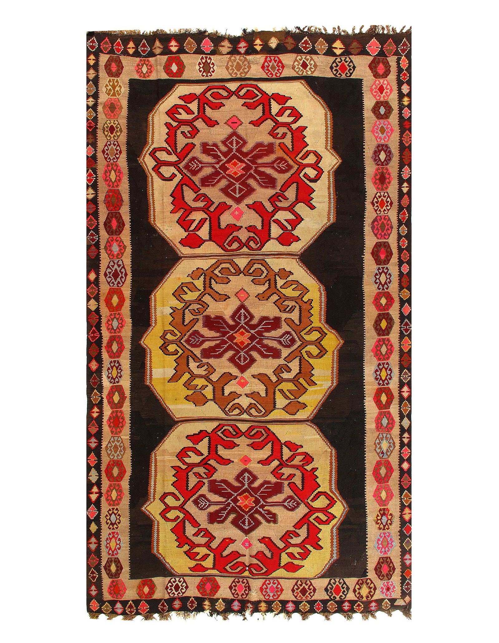 Persian Antigue Kilim 7'1'' X 13'2'': Persian Antigue Kilim 7'1'' X 13'2'' - circa 1950, Shiraz, Hand-Knotted, Flat Weave, 300 -D03697- 862.This item is part of our fine auction collection which includes many fine home accessories includi
