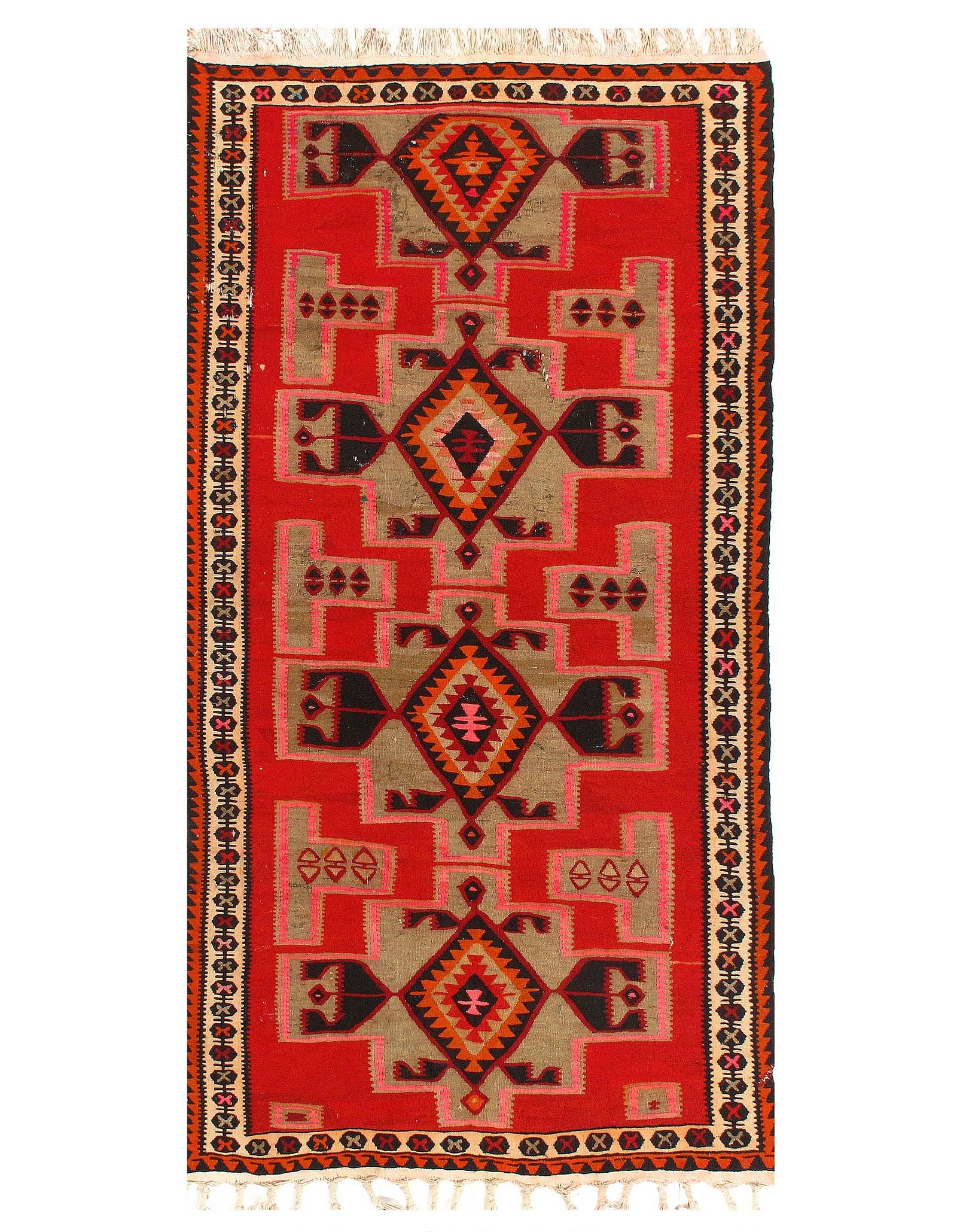 Vintage Red Persian Hand Knotted SHiraz kilim 4'6'' X 9': Vintage Red Persian Hand Knotted SHiraz kilim 4'6'' X 9' - Circa 1960, Shiraz, Hand-made, Flat Weave, 300 -51914- 862.This item is part of our fine auction collection which includes many fine home acc