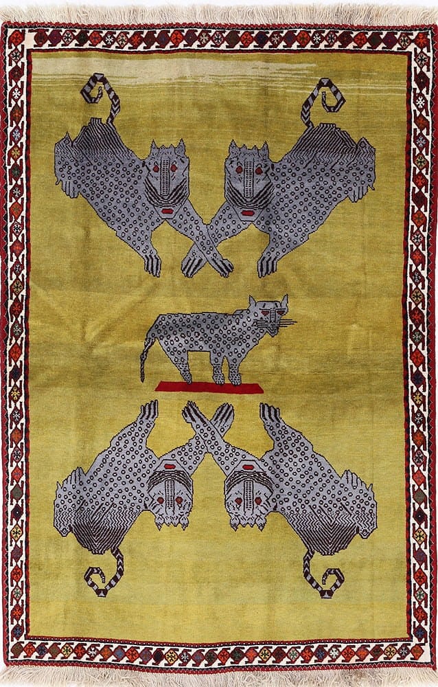 Fine Hand Knotted Cheetah Design Persian Shiraz Rug 4'1"X 6'3": Fine Hand Knotted Cheetah Design Persian Shiraz Rug 4'1"X 6'3" - circa 1980, Shiraz, Hand-Knotted, Lamb's Wool, 300 -d13801- 862.This item is part of our fine auction collection which includes many fi