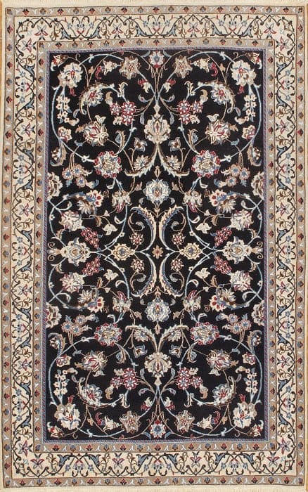 Navy Persian Nain silk & wool 4' 2'' X 6'.9'': Navy Persian Nain silk & wool 4' 2'' X 6'.9'' - New, Nain, Hand-Knotted, Wool & Silk, 300 -D07310- 862.This item is part of our fine auction collection which includes many fine home accessories includ