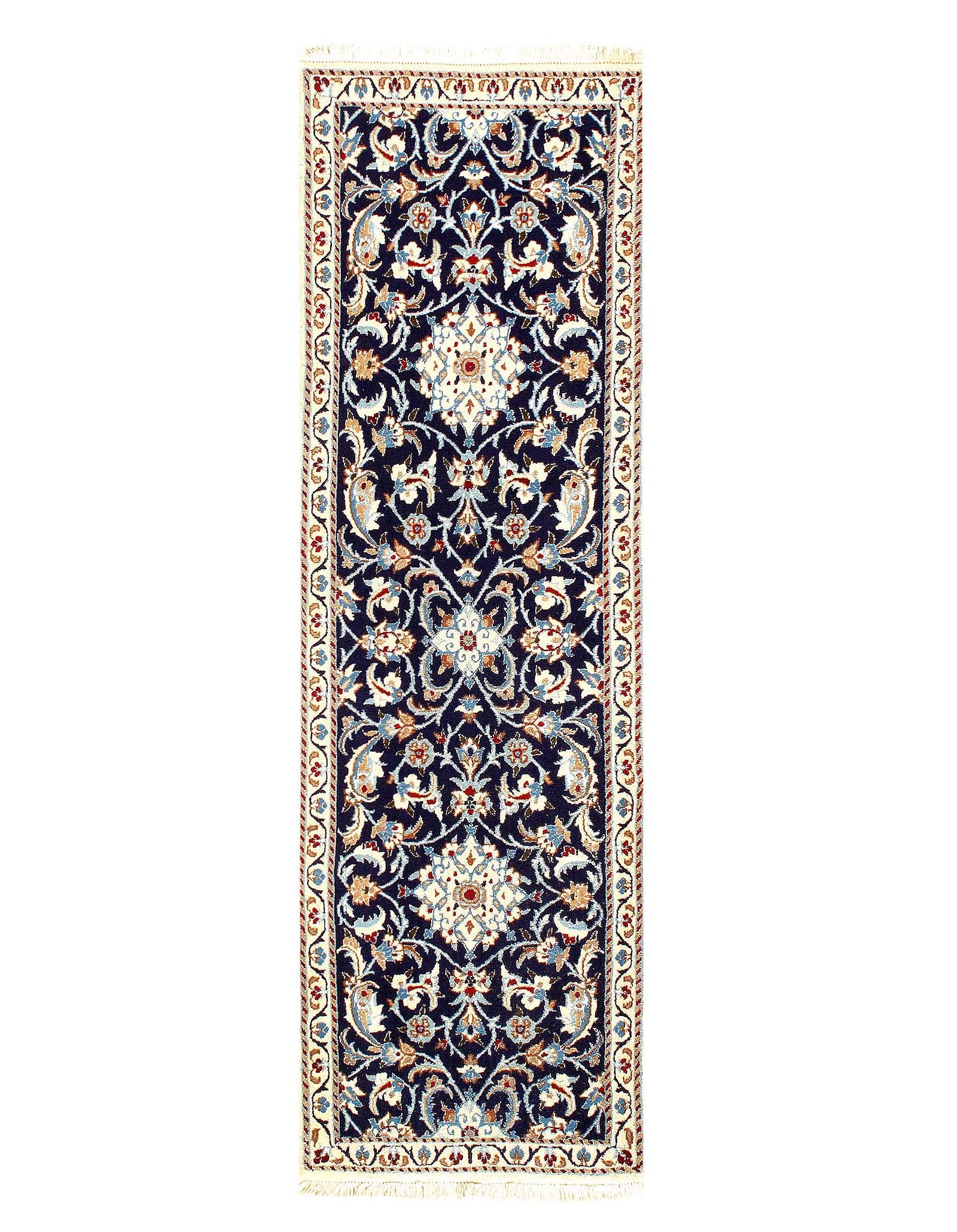 Navy Blue Fine Hand Knotted Persian Silk & wool Nain 2' X 6'2'': Navy Blue Fine Hand Knotted Persian Silk & wool Nain 2' X 6'2'' - , Nain, Hand-Knotted, Wool & Silk, 300 -D12042- 862.This item is part of our fine auction collection which includes many fine home acc