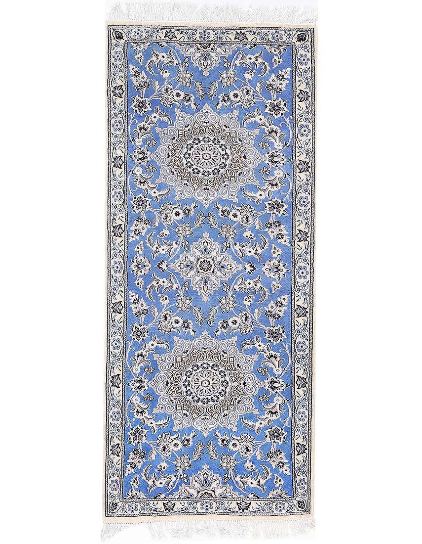 Light blue Fine Hand knotted Persian silk & wool Nain 2'7'' X 6'5'': Light blue Fine Hand knotted Persian silk & wool Nain 2'7'' X 6'5'' - New, Nain, Hand-Knotted, Wool & Silk, 300 -D13531- 862.This item is part of our fine auction collection which includes many fine h