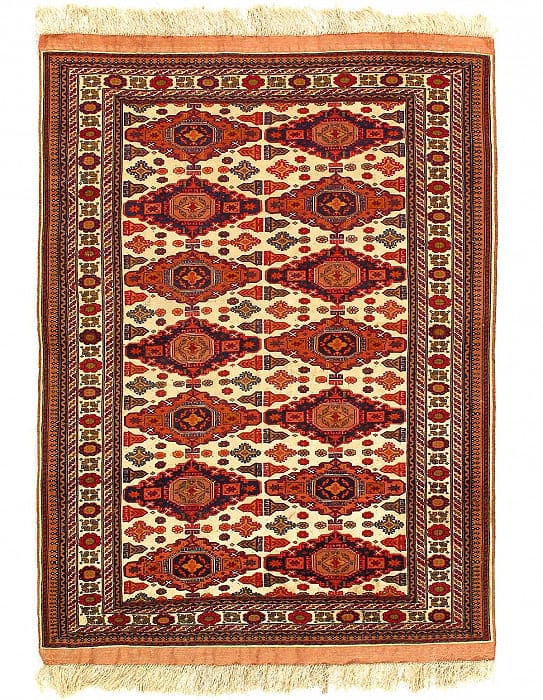 Fine Antique Hand-Knotted silk Torkaman 4' x 5'4": Fine Antique Hand-Knotted silk Torkaman 4' x 5'4" - Circa 1960, Turkaman, Hand-Knotted, Pure Silk, 300 -D14578- 862.This item is part of our fine auction collection which includes many fine home acces