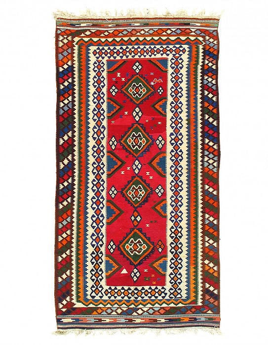Red Vintage Persian Reversible Kilim Flat Weave 4'6"X 9': Red Vintage Persian Reversible Kilim Flat Weave 4'6"X 9' - CIRCA 1950, Shiraz, Hand-Woven, Lamb's Wool, 300 -52288- 862.This item is part of our fine auction collection which includes many fine home a