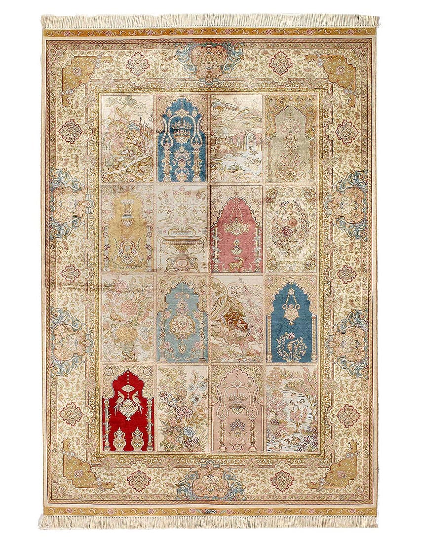 Fine Hand knotted Pure silk Qum design 4'5'' X 6'5'': Fine Hand knotted Pure silk Qum design 4'5'' X 6'5'' - New, Qum, Hand-Knotted, Pure Silk, 300 -D10074- 862.This item is part of our fine auction collection which includes many fine home accessories in