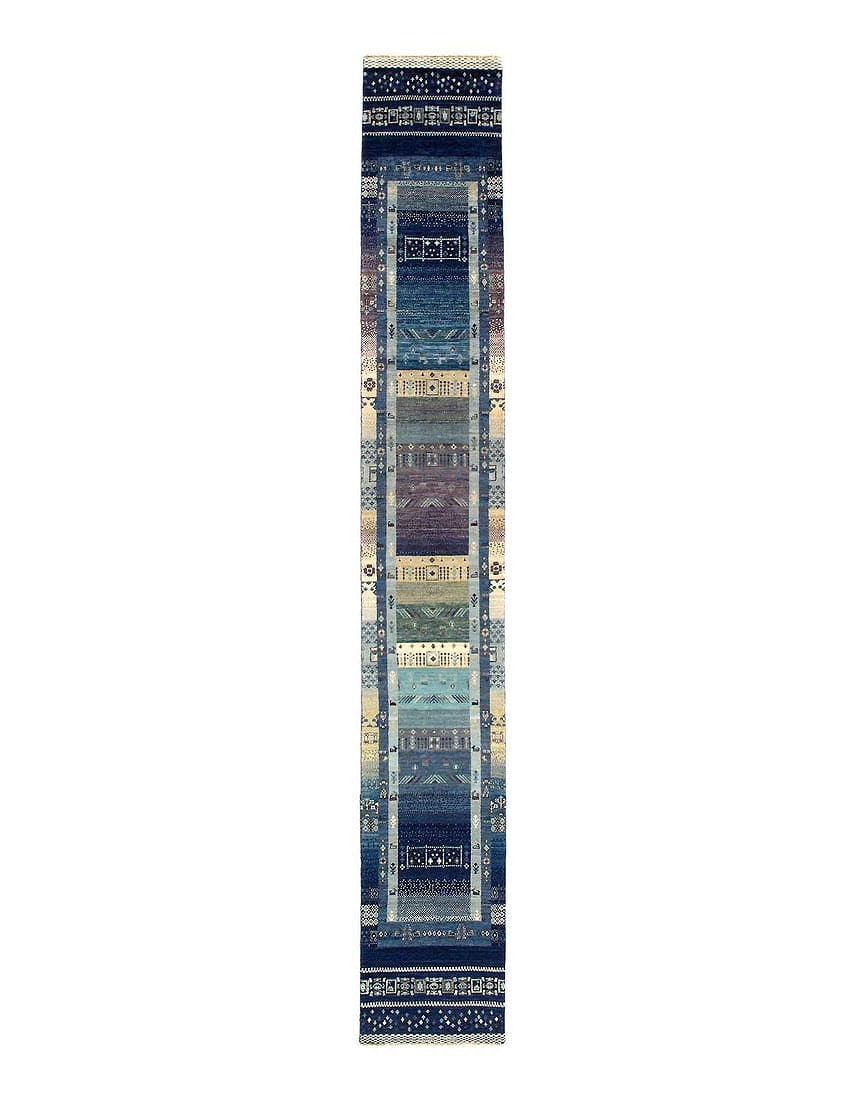 Light Blue Fine Hand knotted Gabbeh Runner 2'5"X 17'7": Light Blue Fine Hand knotted Gabbeh Runner 2'5"X 17'7" - NEW, Gabbeh, Hand-Knotted, Lamb's Wool, 300 -D14102- 862.This item is part of our fine auction collection which includes many fine home accesso