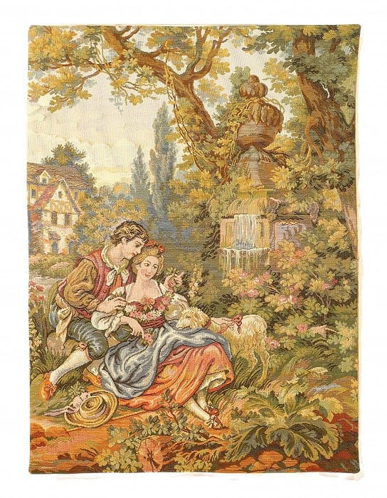 Genre Tapestry Landscape Romantic Vintage 1'9'' X 2'4'': Genre Tapestry Landscape Romantic Vintage 1'9'' X 2'4'' - Circa 1970, French, Hand-Loomed, Flat Weave, 300 -D12054- 862.This item is part of our fine auction collection which includes many fine home a
