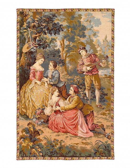Genre Tapestry Landscape Romantic Vintage 2'8'' X 4'2'': Genre Tapestry Landscape Romantic Vintage 2'8'' X 4'2'' - Circa 1970, French, Hand-Loomed, Flat Weave, 300 -D12055- 862.This item is part of our fine auction collection which includes many fine home a