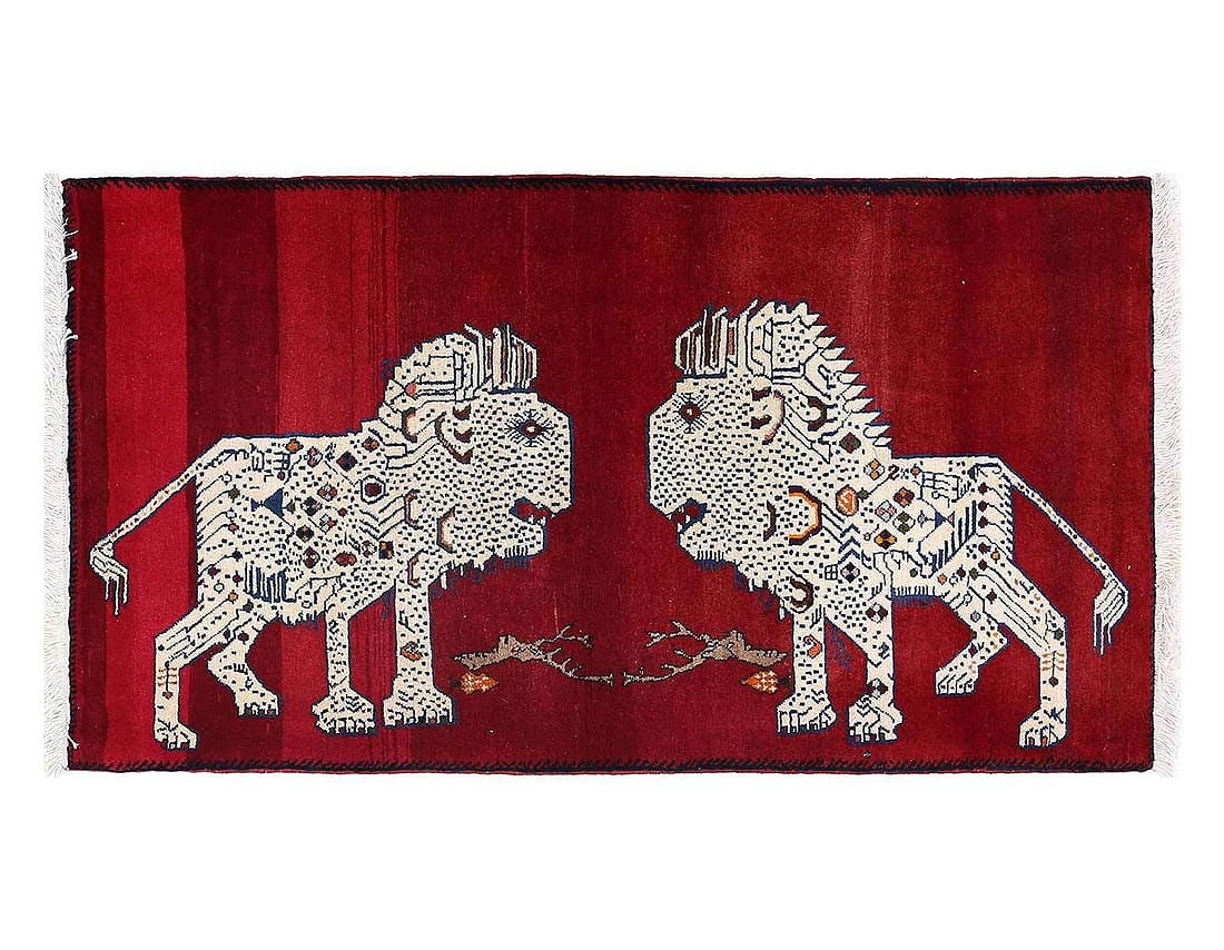 Fine Hand knotted Persian lion design Shiraz rug 2'5"x 4'7": Fine Hand knotted Persian lion design Shiraz rug 2'5"x 4'7" - Circa 2010, Gabbeh, Hand-Knotted, Lamb's Wool, 300 -D13624- 862.This item is part of our fine auction collection which includes many fine 
