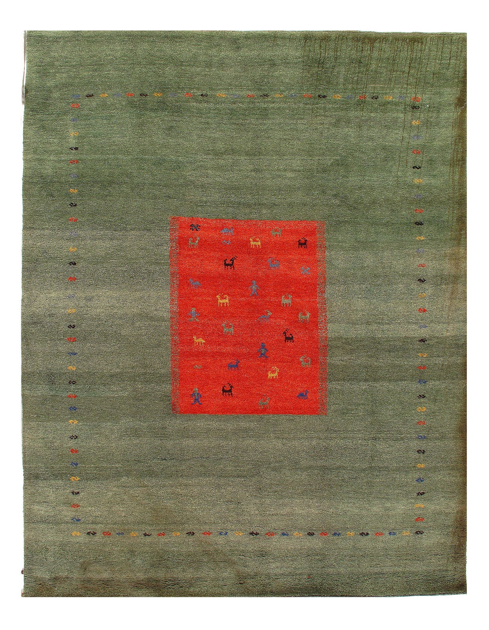 Green Habd Knotted Gabbeh Rug - 8'8" x 11'7": Green Habd Knotted Gabbeh Rug - 8'8" x 11'7" - New, Gabbeh, Hand-Knotted, Lamb's Wool, 300 -D10943- 862.This item is part of our fine auction collection which includes many fine home accessories inclu