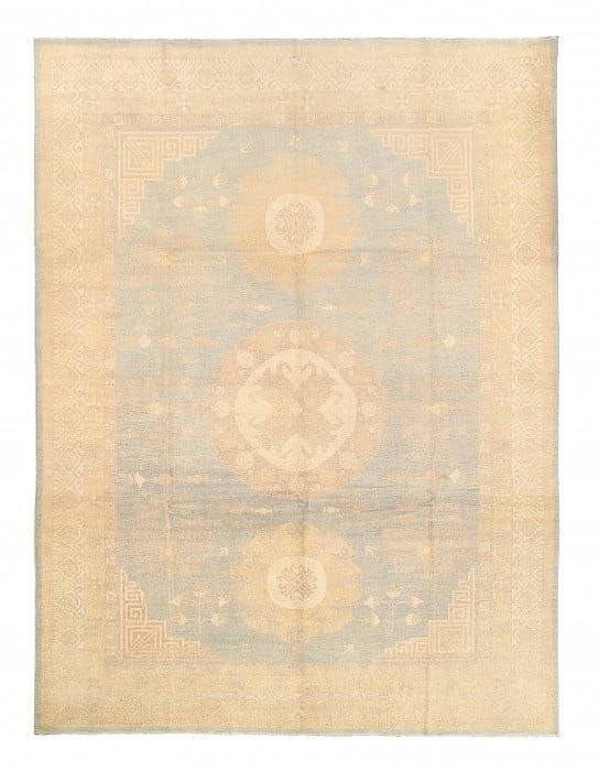 Light Blue Fine Hand Knotted Khotan 9'6'' X 13'2'': Light Blue Fine Hand Knotted Khotan 9'6'' X 13'2'' - New, Khotan, Hand-Knotted, Lamb's Wool, 300 -D05381- 862.This item is part of our fine auction collection which includes many fine home accessories