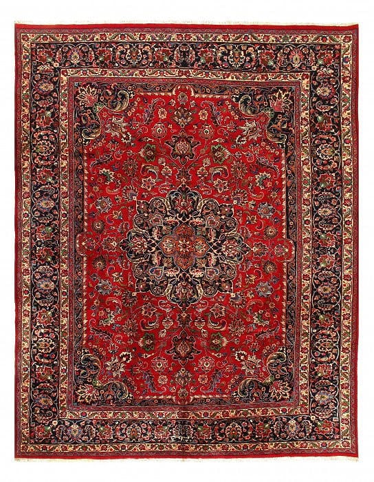 Vintage Red Persian Hand Knotted Mashad 9'8'' X 12'6'': Vintage Red Persian Hand Knotted Mashad 9'8'' X 12'6'' - Circa 1980, Mashhad, Hand-Knotted, Lamb's Wool, 300 -50288- 862.This item is part of our fine auction collection which includes many fine home