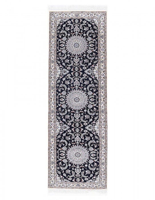 Navy Blue Fine Hand knotted Silk & wool Nain Runner 3'X 10'1": Navy Blue Fine Hand knotted Silk & wool Nain Runner 3'X 10'1" - NEW, Nain, Hand-Knotted, Wool & Silk, 300 -D13593- 862.This item is part of our fine auction collection which includes many fine home ac