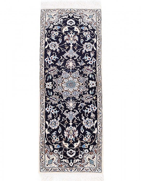 Navy Blue Fine Hand knotted Silk & wool Nain Runne 1'4"X 4': Navy Blue Fine Hand knotted Silk & wool Nain Runne 1'4"X 4' - NEW, Nain, Handmade, Wool & Silk, 300 -D13597- 862.This item is part of our fine auction collection which includes many fine home accessor
