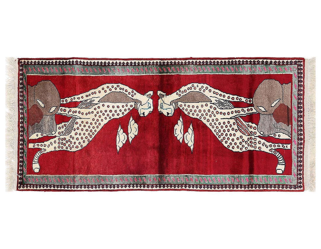 Red Hand Knotted Cheetah Design Persian Shiraz Rug 2'8'' X 5'1'': Red Hand Knotted Cheetah Design Persian Shiraz Rug 2'8'' X 5'1'' - New, Shiraz, Hand-Knotted, Lamb's Wool, 300 -D13411- 862.This item is part of our fine auction collection which includes many fine ho