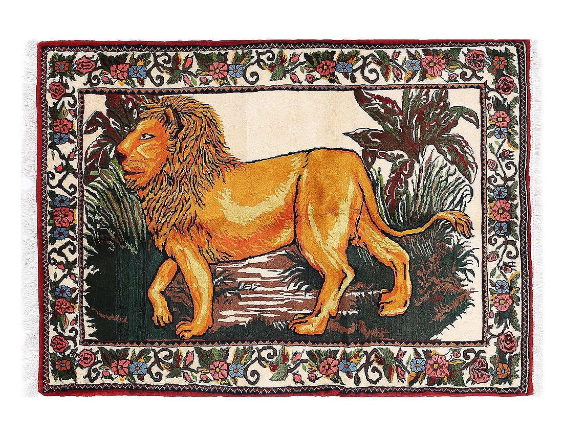 Contemporary Handmade Persian Shiraz Pictorial Lion Rug 3'5'' X 4'11'': Contemporary Handmade Persian Shiraz Pictorial Lion Rug 3'5'' X 4'11'' - New, Shiraz, Hand-Knotted, Lamb's Wool, 300 -D13409- 862.This item is part of our fine auction collection which includes many f