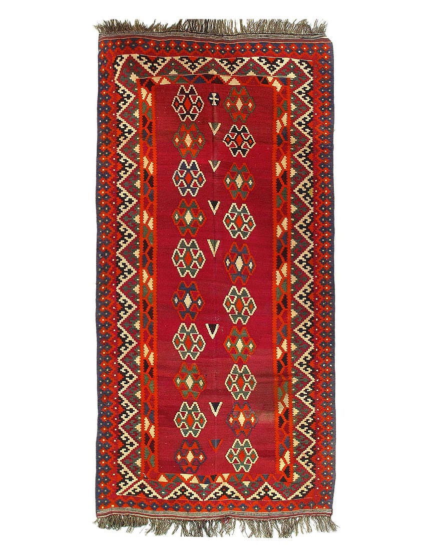 Red Vintage Persian Reversible Kilim Flat Weave 4'9'' X 9'11'': Red Vintage Persian Reversible Kilim Flat Weave 4'9'' X 9'11'' - 1920, Shiraz, Flatweave, Flat Weave, 300 -50186- 862.This item is part of our fine auction collection which includes many fine home acc