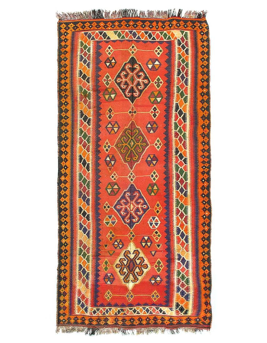Rust Vintage Persian Reversible Kilim Flat Weave 4'4'' X 8'11'': Rust Vintage Persian Reversible Kilim Flat Weave 4'4'' X 8'11'' - 1920, Shiraz, Hand-Knotted, Flat Weave, 300 -52682- 862.This item is part of our fine auction collection which includes many fine home