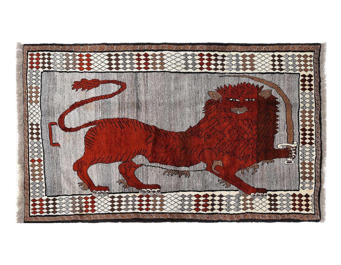 Animal Pictorial lion Hand Knotted Rug 4'1"X 7': Animal Pictorial lion Hand Knotted Rug 4'1"X 7' - NEW, Shiraz, Hand-Knotted, Lamb's Wool, 300 -D13806- 862.This item is part of our fine auction collection which includes many fine home accessories in