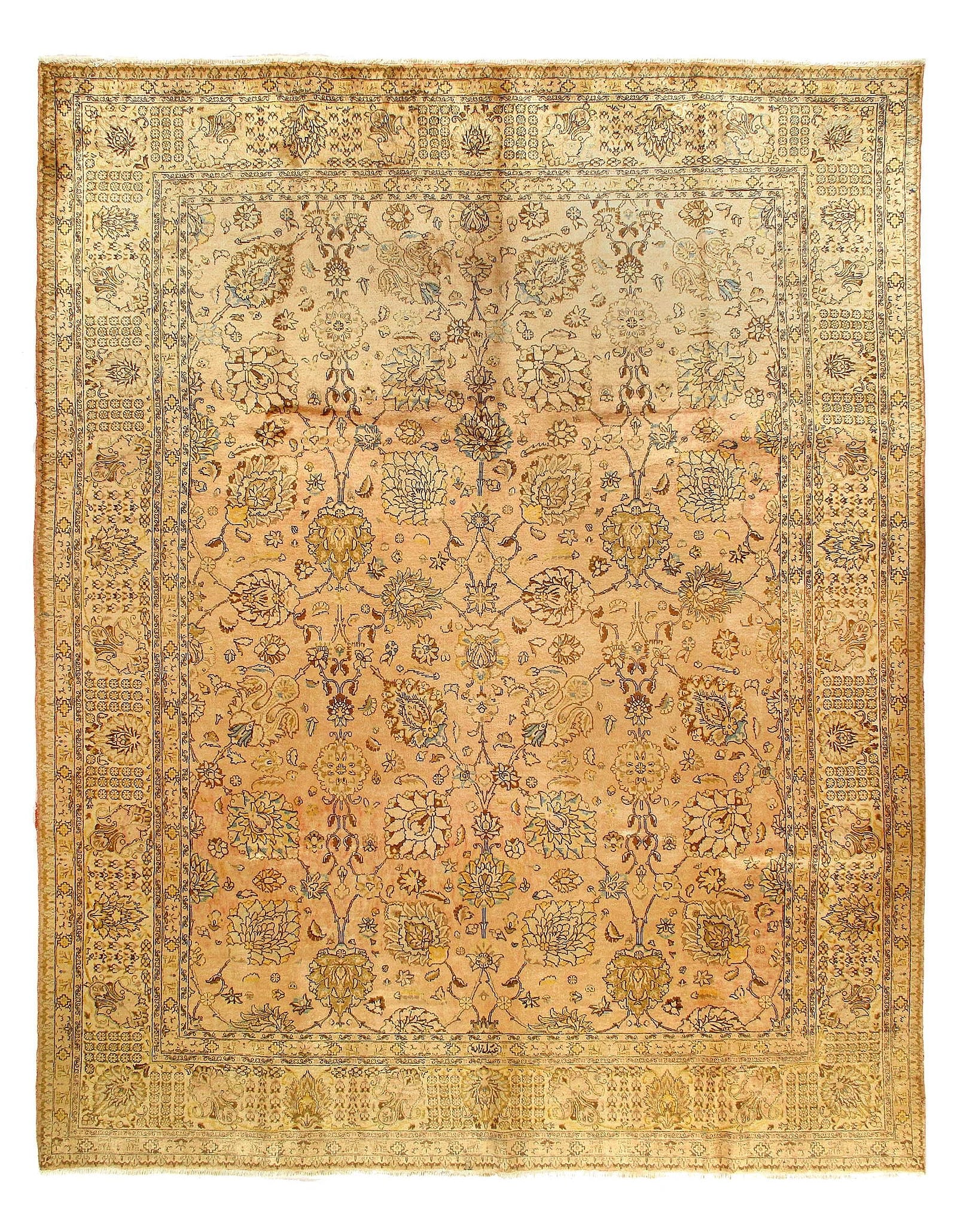 Light Peach Fine Hand Knotted Vintage Tabriz 9'7'' X 12'4'': Light Peach Fine Hand Knotted Vintage Tabriz 9'7'' X 12'4'' - Circa 1960, Tabriz, Hand-Knotted, Lamb's Wool, 300 -26025- 862.This item is part of our fine auction collection which includes many fine h