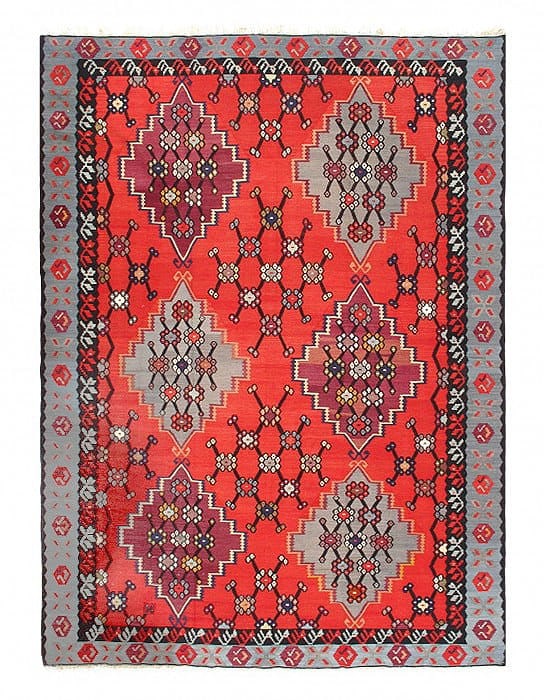 Red Fine Hand knotted Turkish kilim 6'11'' X 10': Red Fine Hand knotted Turkish kilim 6'11'' X 10' - Circa 1940, Turkish, Kilim, Flat Weave, 300 -17292- 862.This item is part of our fine auction collection which includes many fine home accessories in