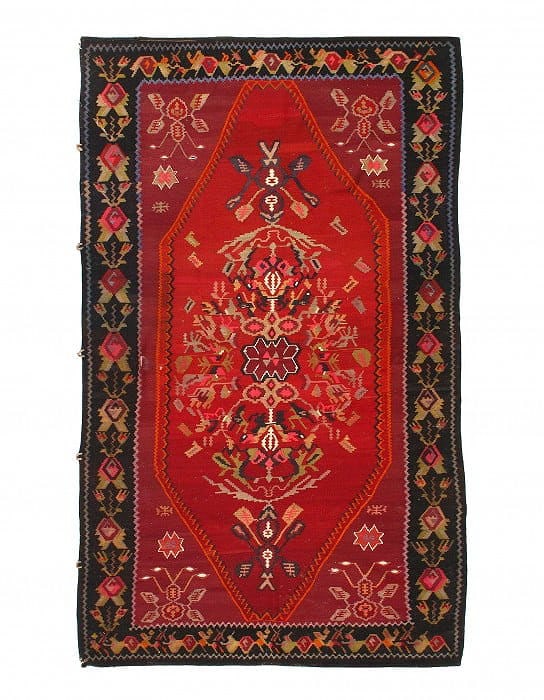 Red Turkish Antique Kilim 4'11'' X 8'8'': Red Turkish Antique Kilim 4'11'' X 8'8'' - Circa 1950, Turkish, Hand-Knotted, Flat Weave, 300 -D07793- 862.This item is part of our fine auction collection which includes many fine home accessories in