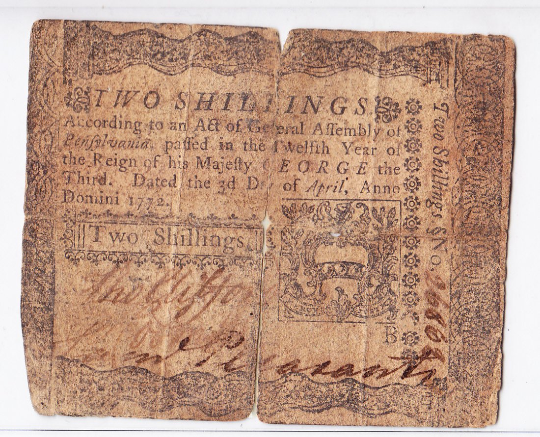April 13, 1772 2 Shillings Pennsylvania Plate B: Repaired / Split vertically