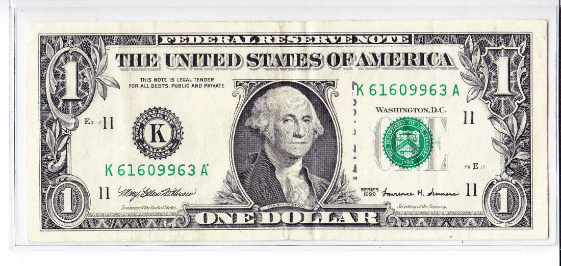 1999 K $1 Federal Reserve Note (Error: Unusual Offset) (1 of 2)