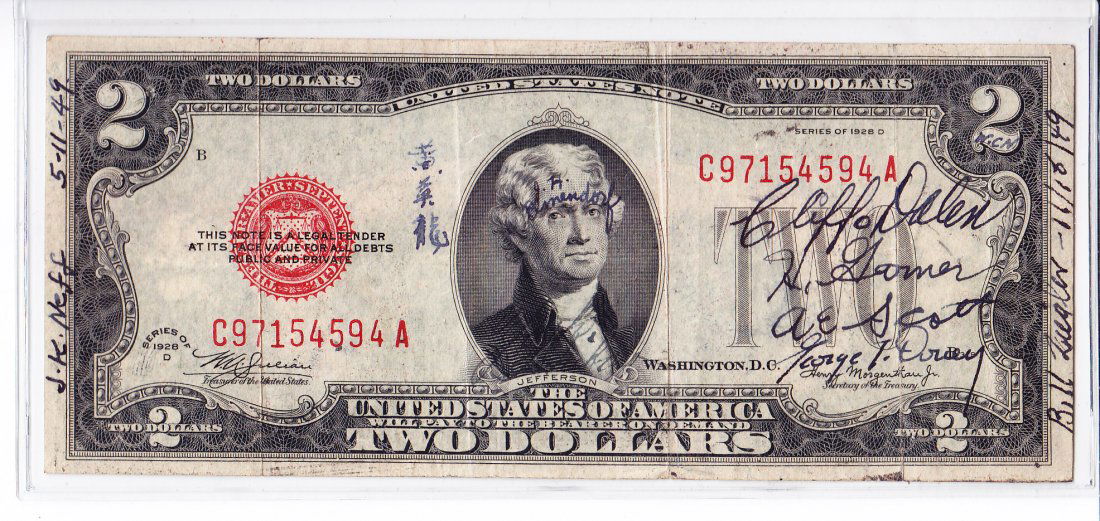 1928 D $2 US Note "Short Snorter" 13 Signatures (1 of 2)