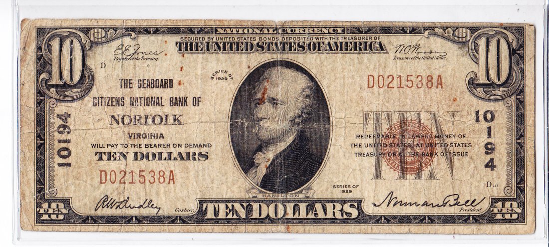 1929 Type 1 $10 National Currency, Norfolk, VA: (Jones-Woods) The Seaboard Citizens National Bank of Norfolk, VA