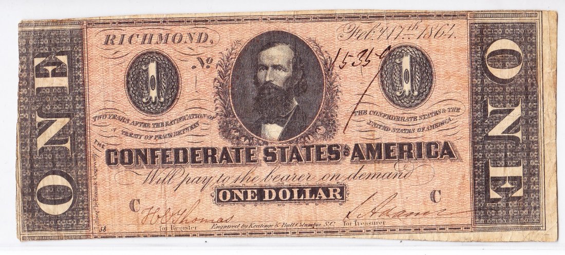 1864 $1 Confederate Currency, 7th Issue C: .