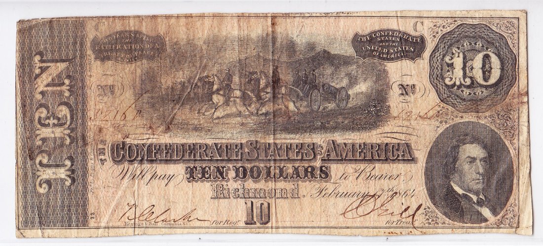 1864 $10 Confederate Currency, 7th Issue C, 3rd Series: .