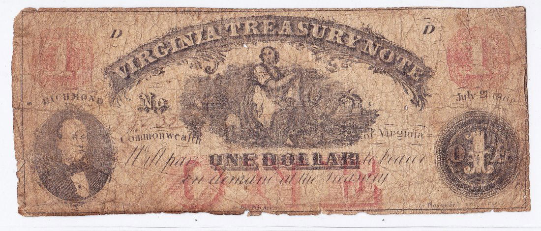 1862 $1 Confederate Currency, Virginia Treasury Note (1 of 2)