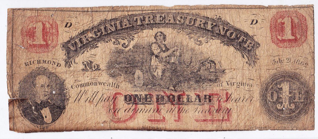 1862 $1 Confederate Currency, Virginia Treasury Note (1 of 2)