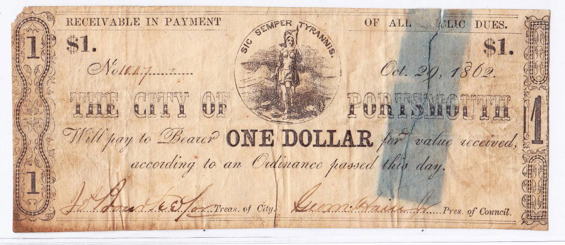 1862 $1 Confederate City of Portsmouth, VA (1 of 2)