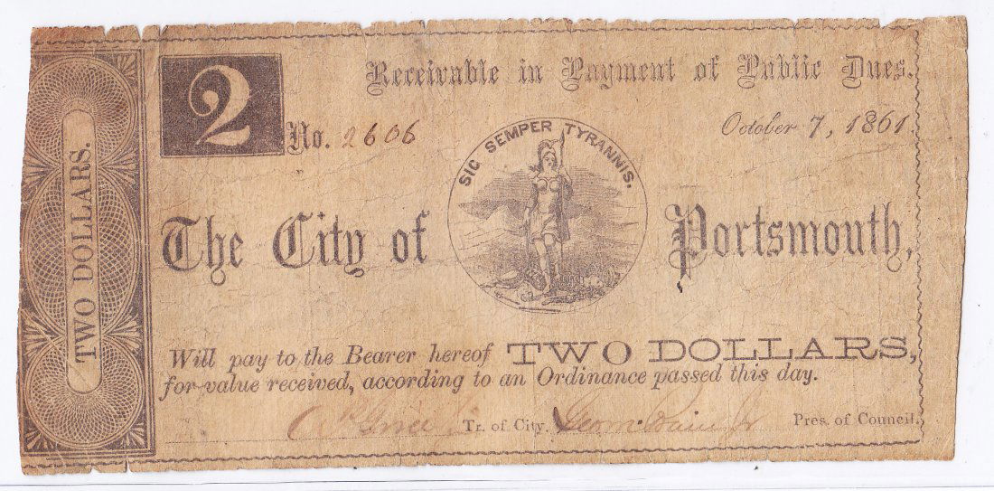 1861 $2 Confederate City of Portsmouth, VA (1 of 2)