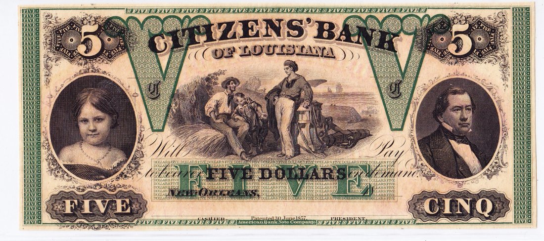 1850s $5 Citizens Bank of Louisiana, New Orleans Note: Crisp / UNC