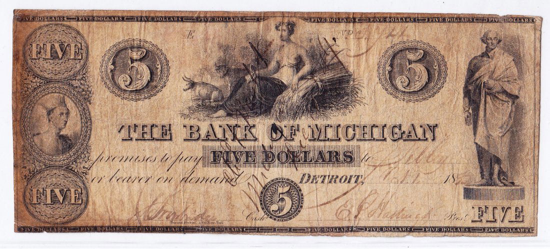 1833 The Bank of Michigan, Detroit, $5 Broken Bank Note (1 of 2)