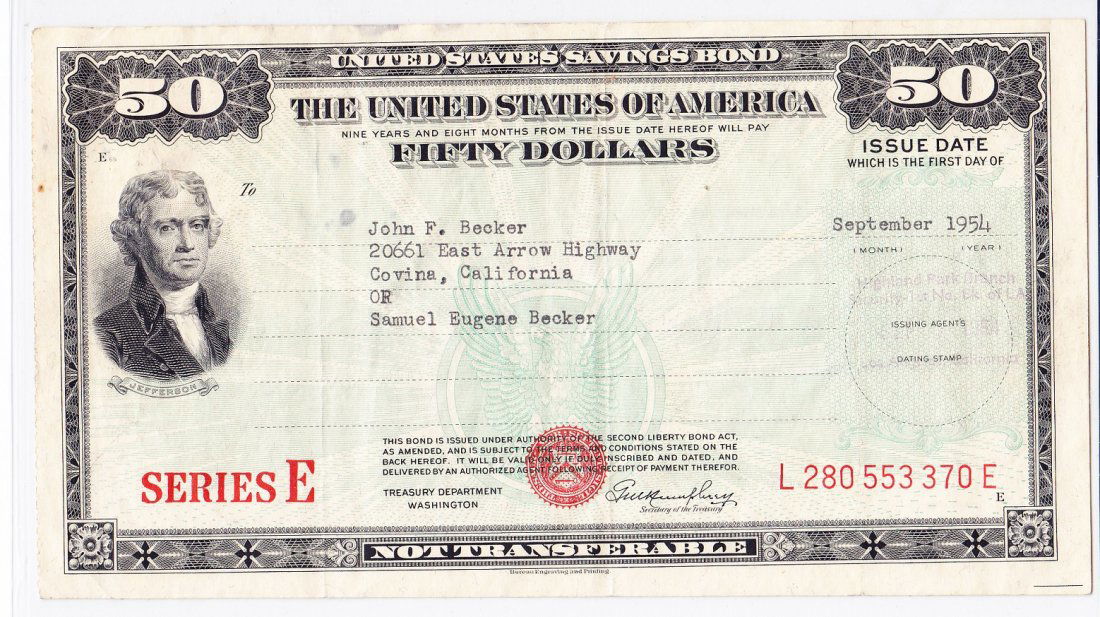 $50 US Savings Bond Series E Sept. 1954 (1 of 2)